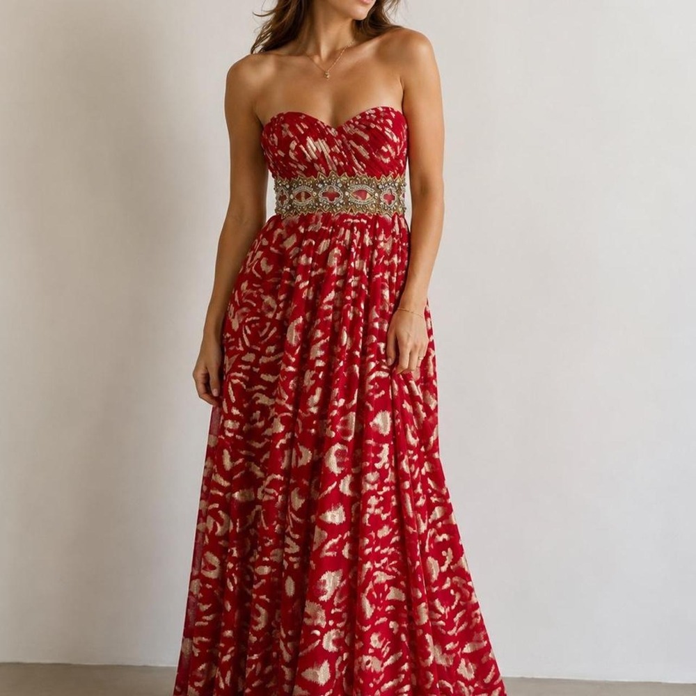 Vintage Y2K Red Gold Beaded Strapless Maxi Prom Gown NWT L Cindy USA